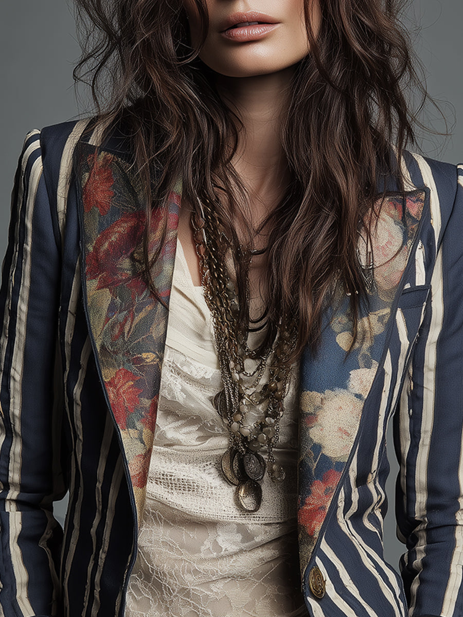 Women’s Boho Floral Print Striped Blazer