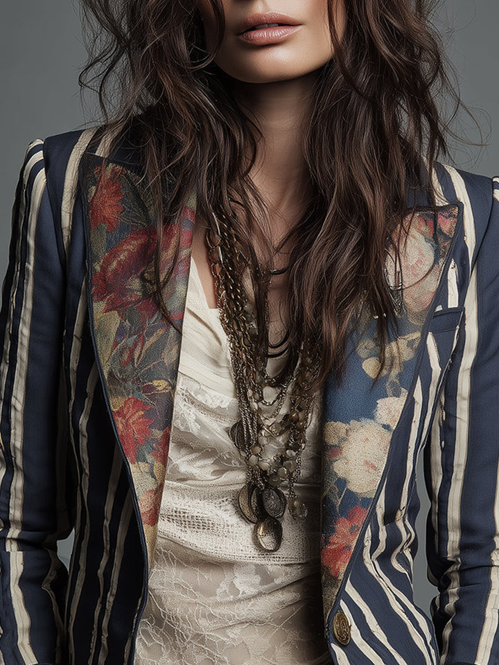 Women’s Boho Floral Print Striped Blazer