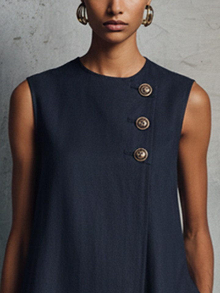 Taylor | Navy Sleeveless Mini Dress with Round Neck & Button Detail