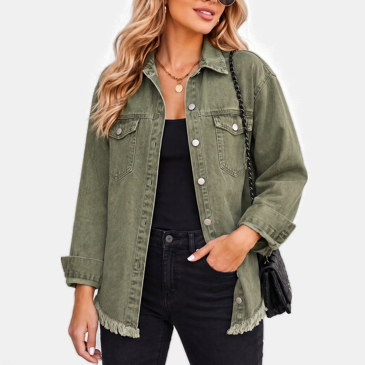 Hailey™ – Raw Hem Snap Button Washed Denim Jacket