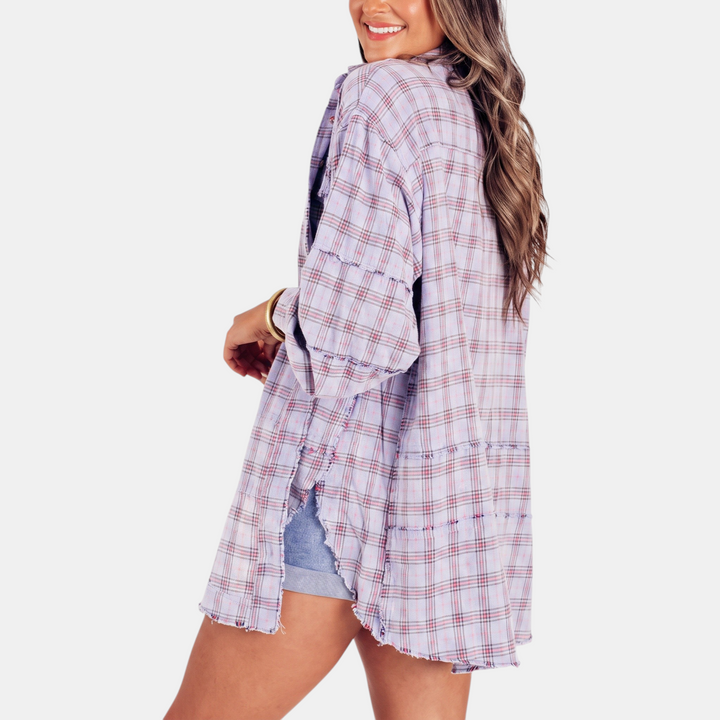 Lucy™ – Raw Hem Flannel Shirt Oversized Long Sleeve Blouse
