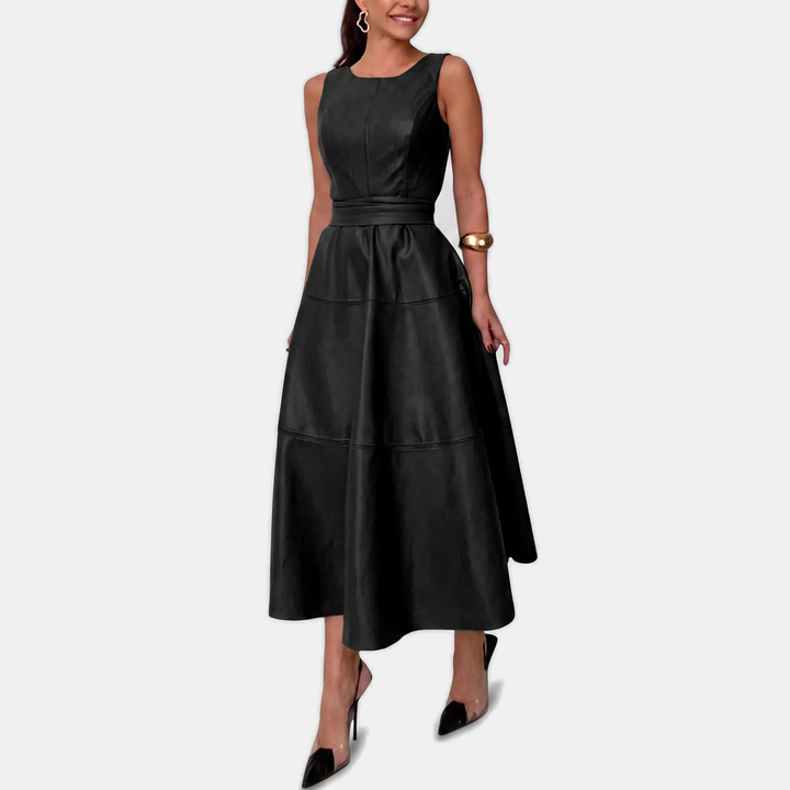 Claire™ – Faux Leather Belted A Line Midi Dress