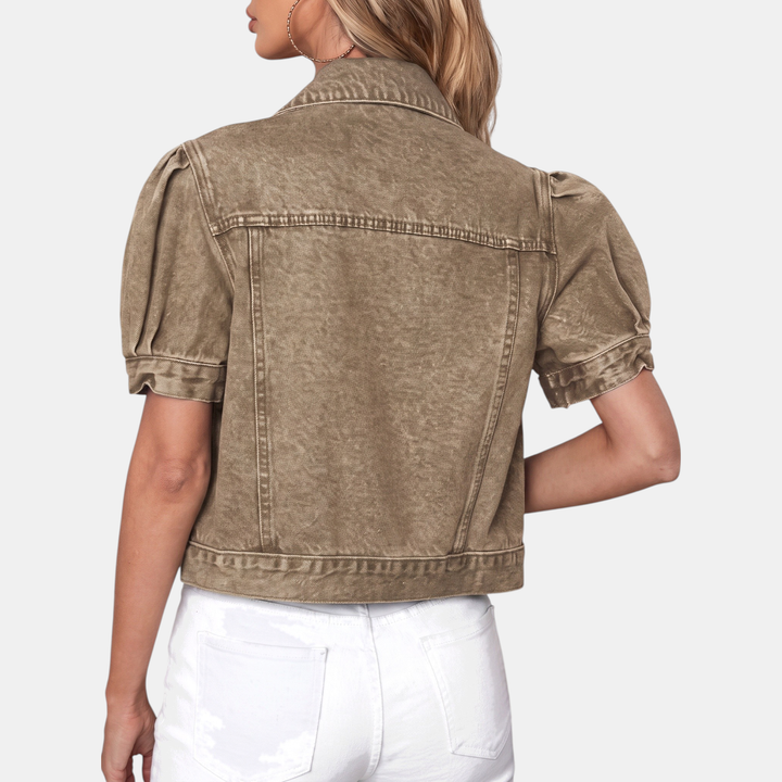 Jessica | Puff Sleeve Cropped Denim Jacket Button Front
