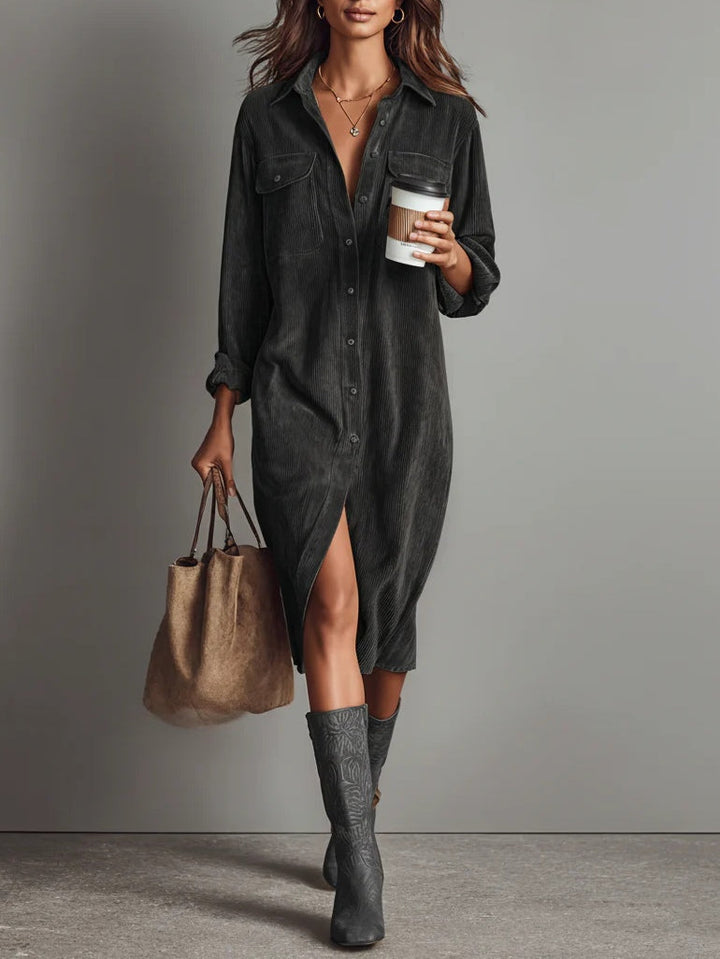 Jennifer | Midi Dress in Corduroy with Pockets and Single Button Closure
