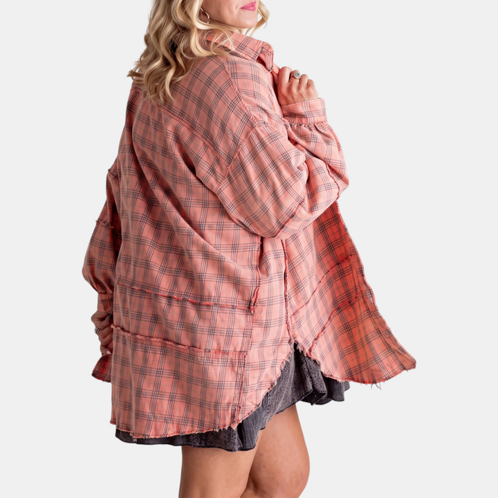 Lucy™ – Raw Hem Flannel Shirt Oversized Long Sleeve Blouse