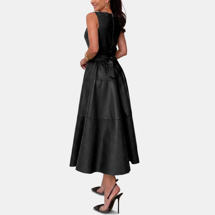 Claire™ – Faux Leather Belted A Line Midi Dress