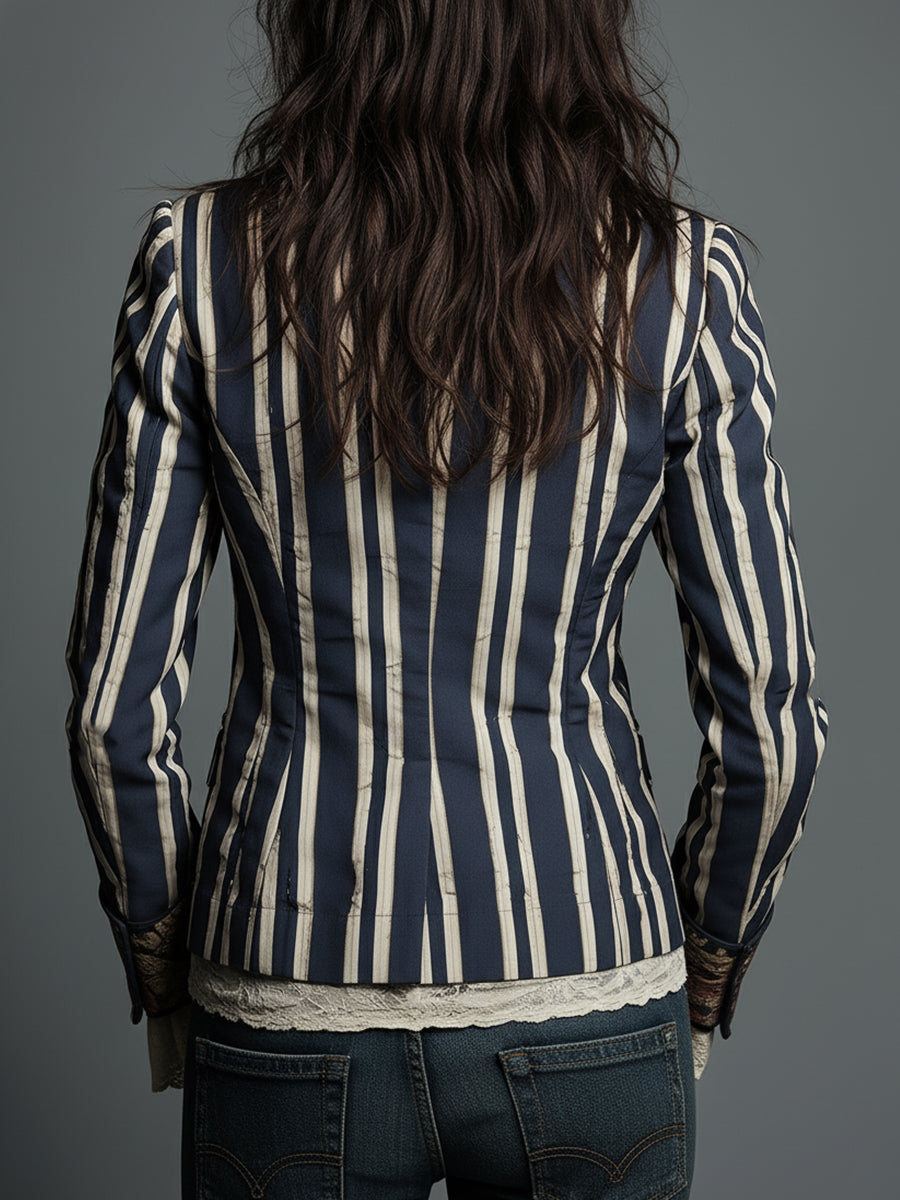 Women’s Boho Floral Print Striped Blazer
