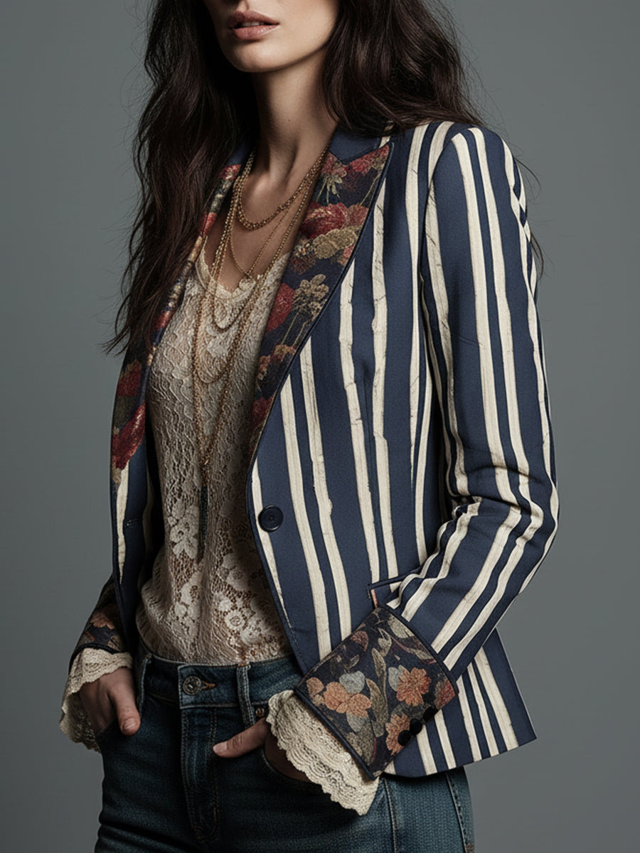 Women’s Boho Floral Print Striped Blazer