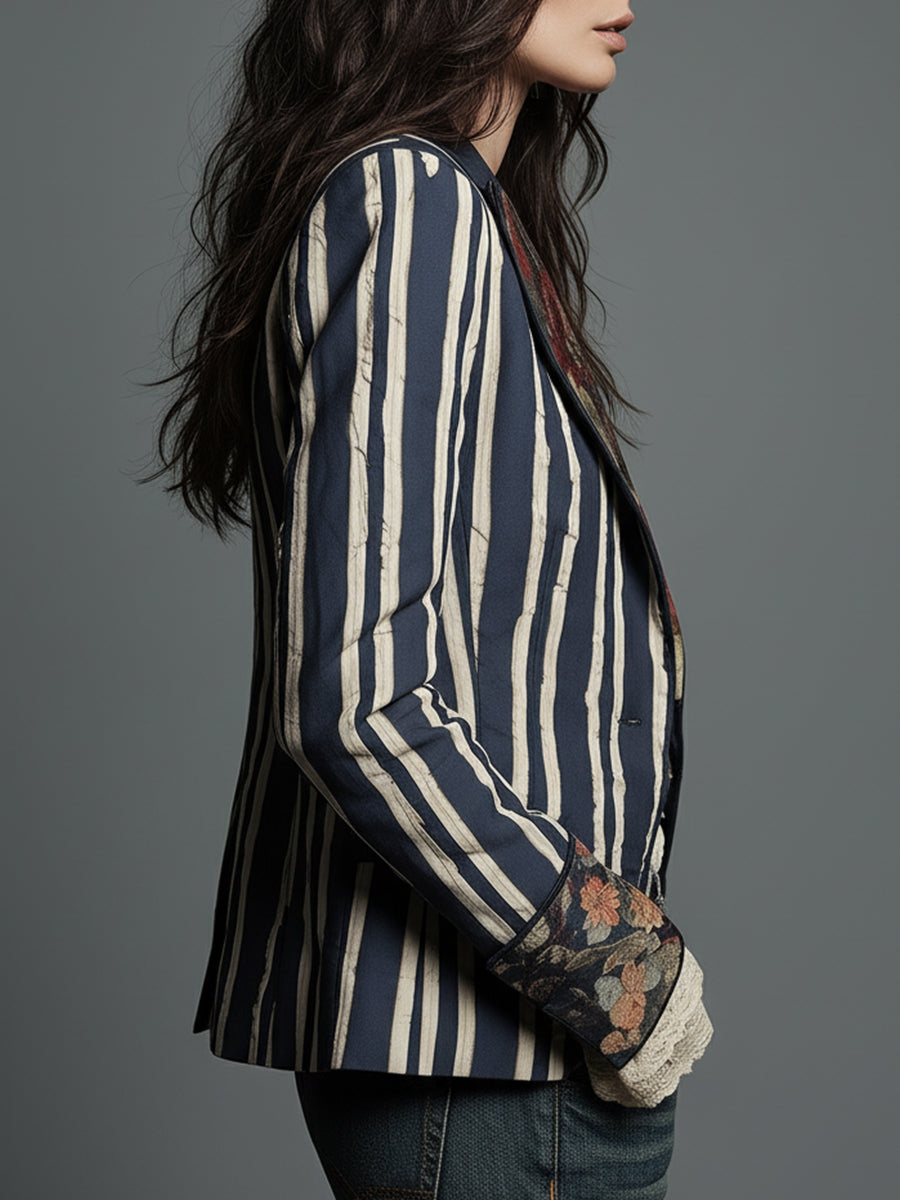 Women’s Boho Floral Print Striped Blazer