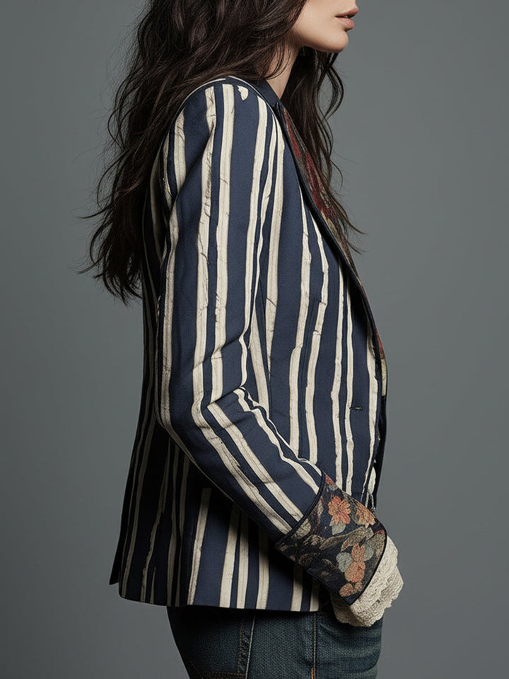 Women’s Boho Floral Print Striped Blazer