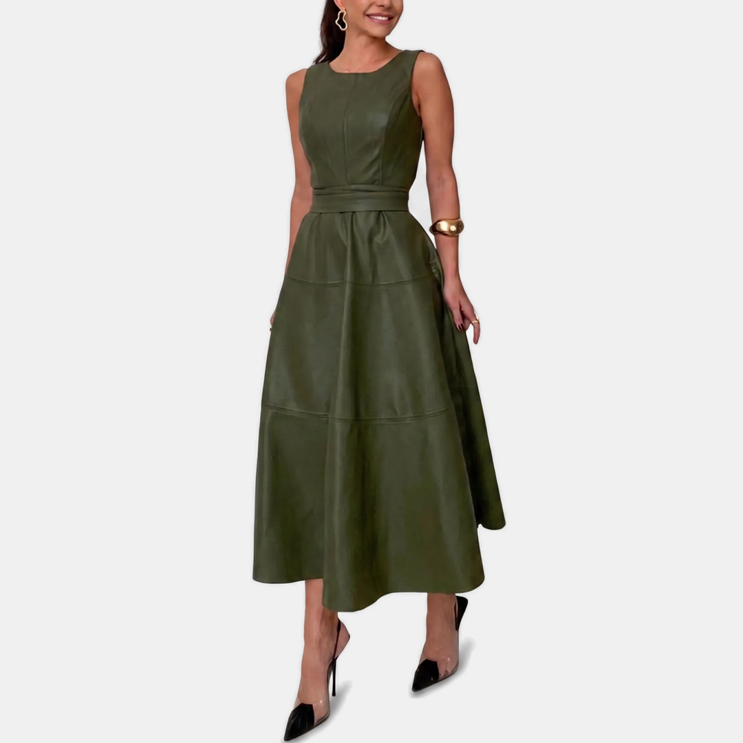 Claire™ – Faux Leather Belted A Line Midi Dress