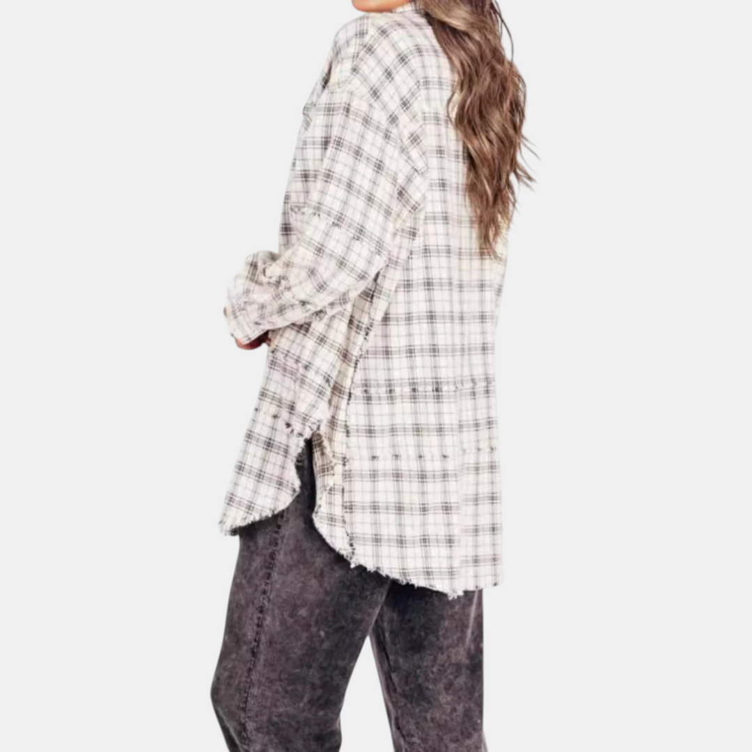 Lucy™ – Raw Hem Flannel Shirt Oversized Long Sleeve Blouse