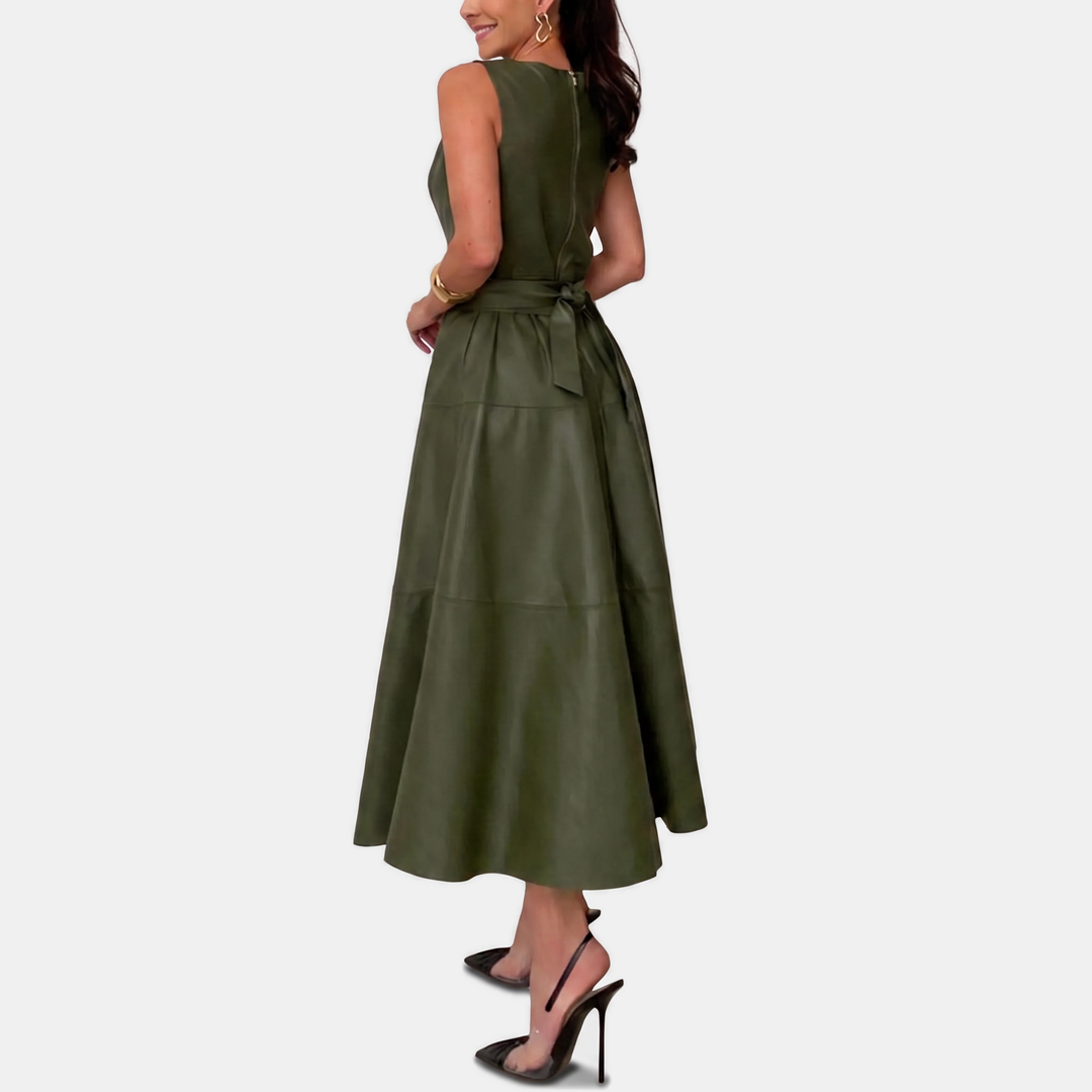 Claire™ – Faux Leather Belted A Line Midi Dress