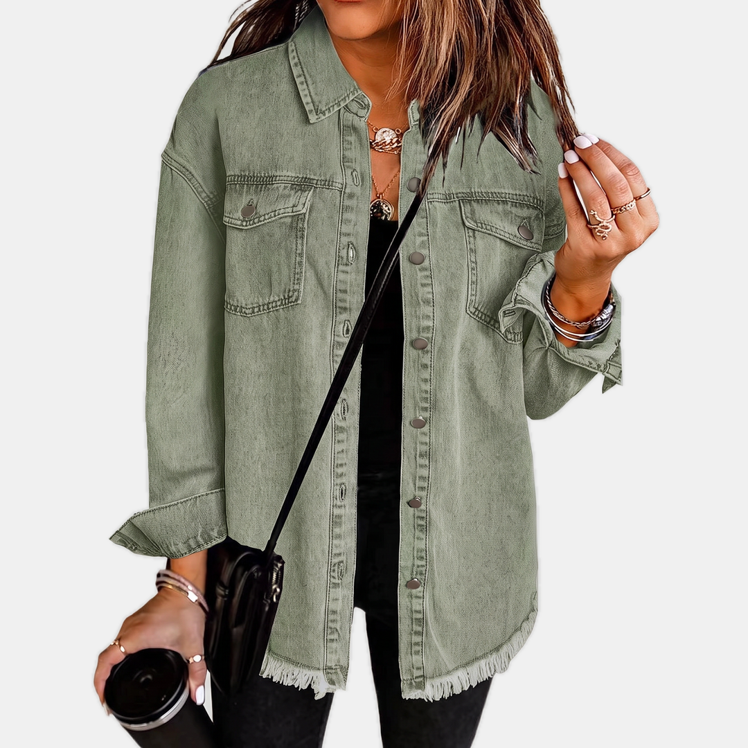 Hailey™ – Raw Hem Snap Button Washed Denim Jacket