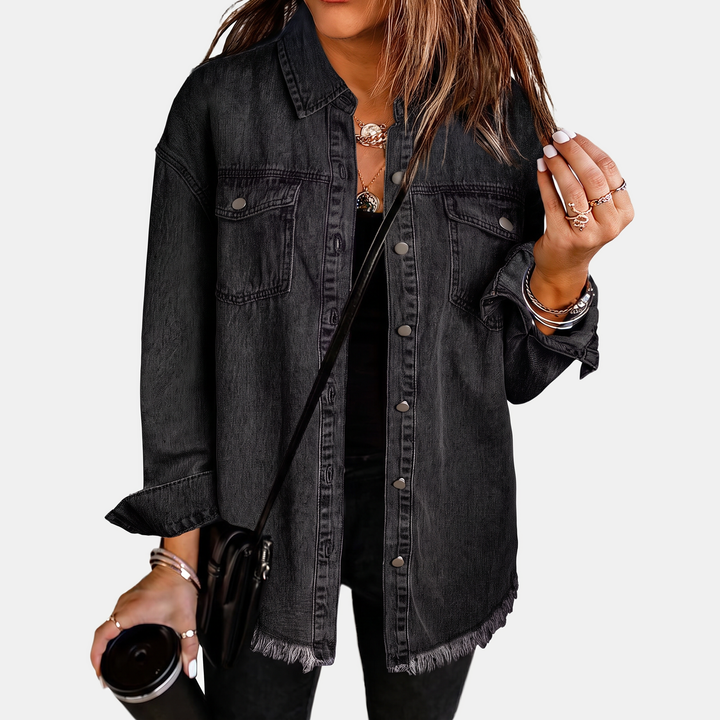 Hailey™ – Raw Hem Snap Button Washed Denim Jacket