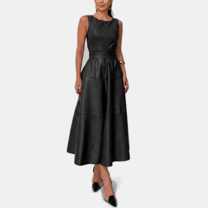 Claire™ – Faux Leather Belted A Line Midi Dress