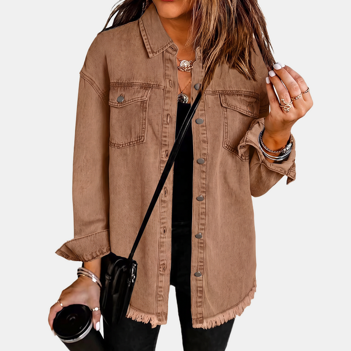 Hailey™ – Raw Hem Snap Button Washed Denim Jacket