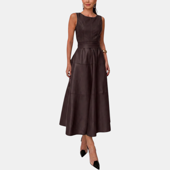 Claire™ – Faux Leather Belted A Line Midi Dress