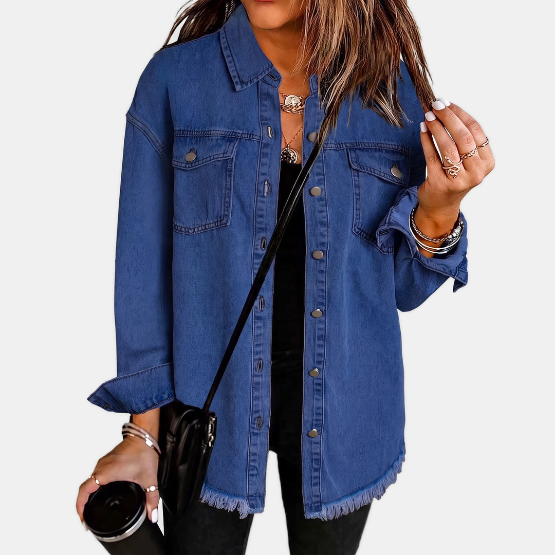 Hailey™ – Raw Hem Snap Button Washed Denim Jacket