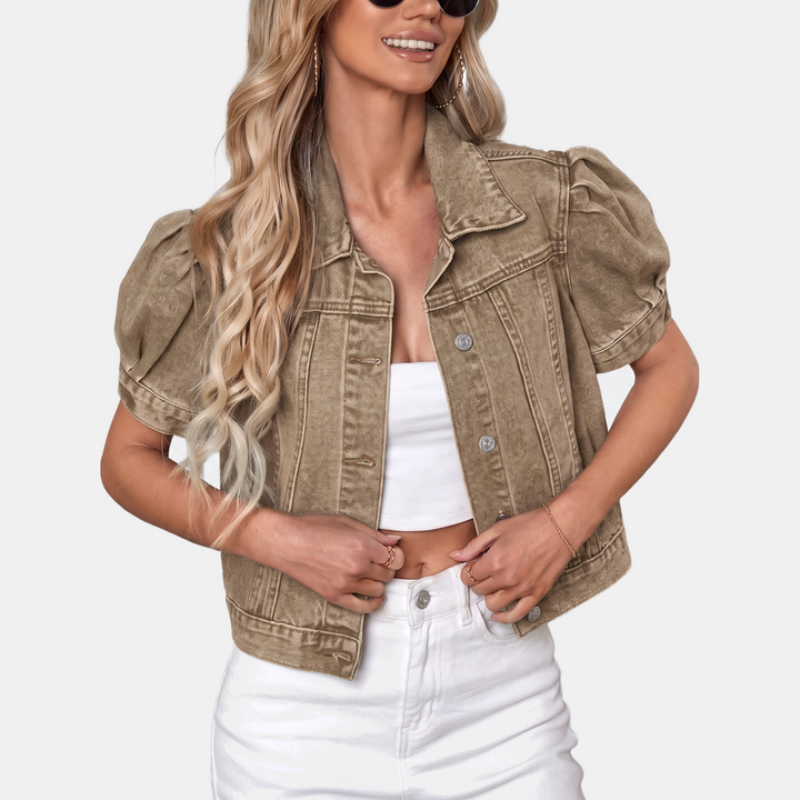 Jessica | Puff Sleeve Cropped Denim Jacket Button Front