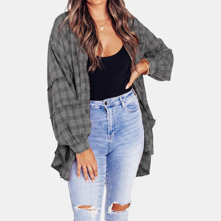 Lucy™ – Raw Hem Flannel Shirt Oversized Long Sleeve Blouse