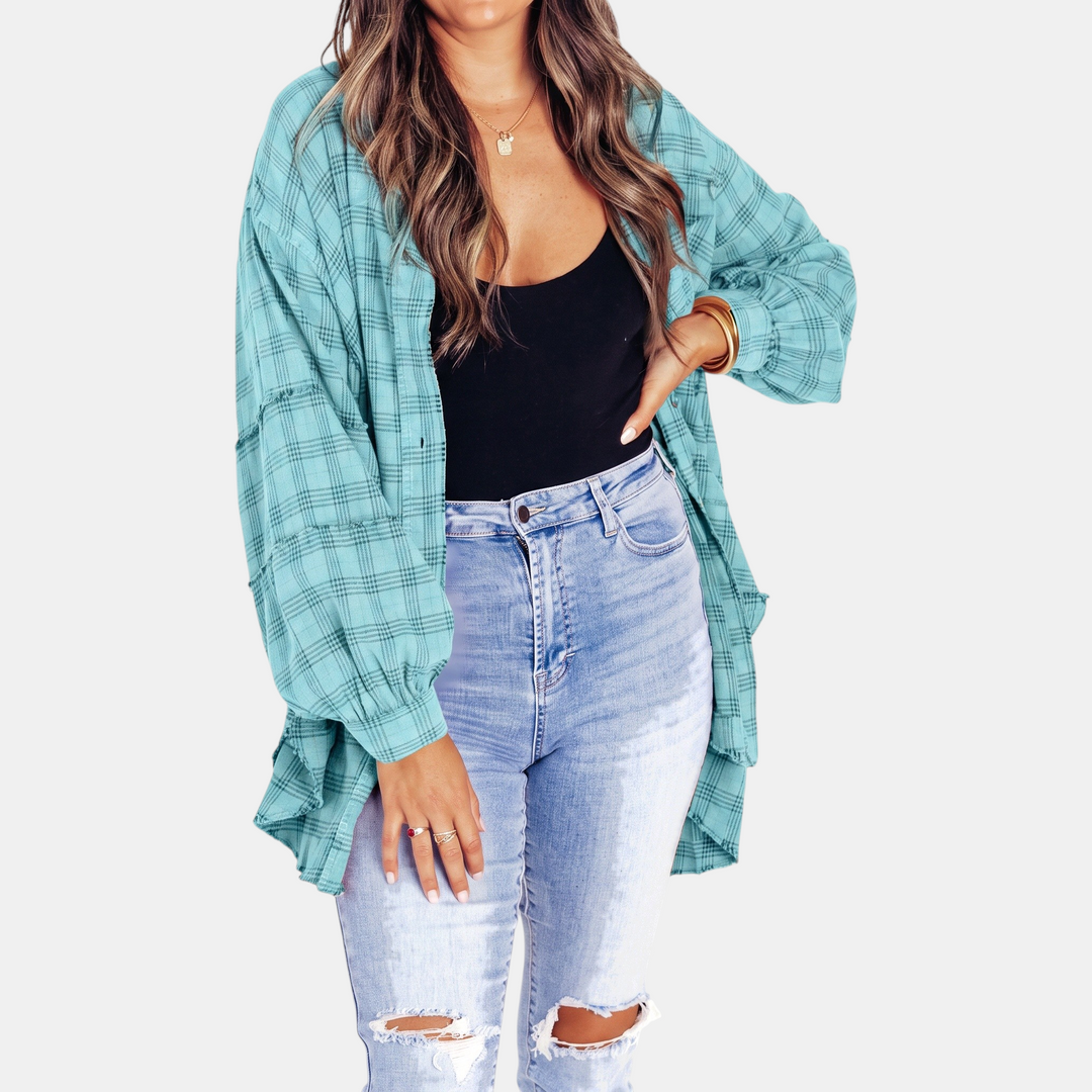 Lucy™ – Raw Hem Flannel Shirt Oversized Long Sleeve Blouse