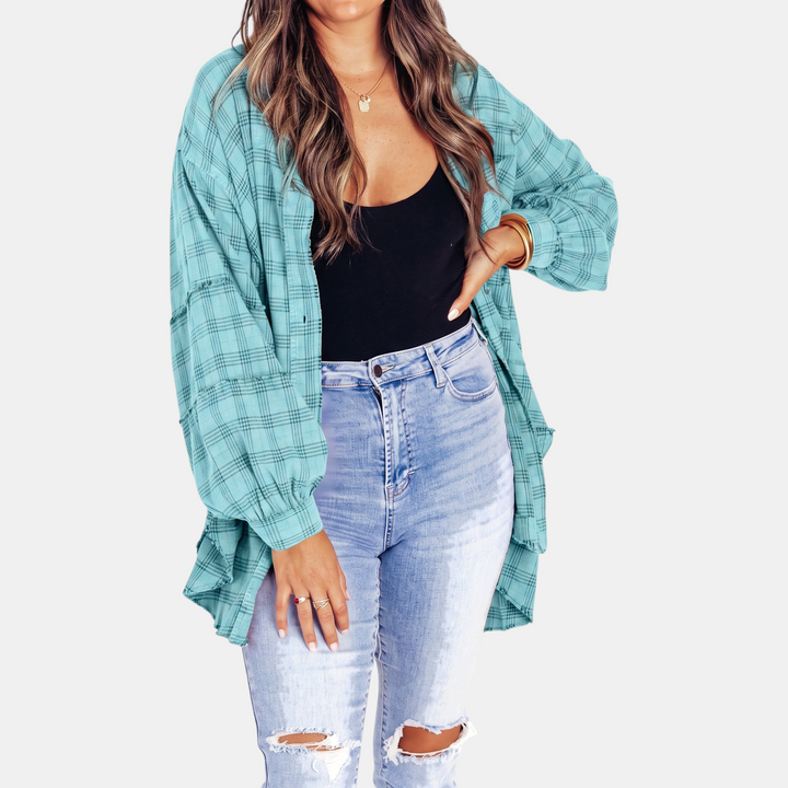Lucy™ – Raw Hem Flannel Shirt Oversized Long Sleeve Blouse