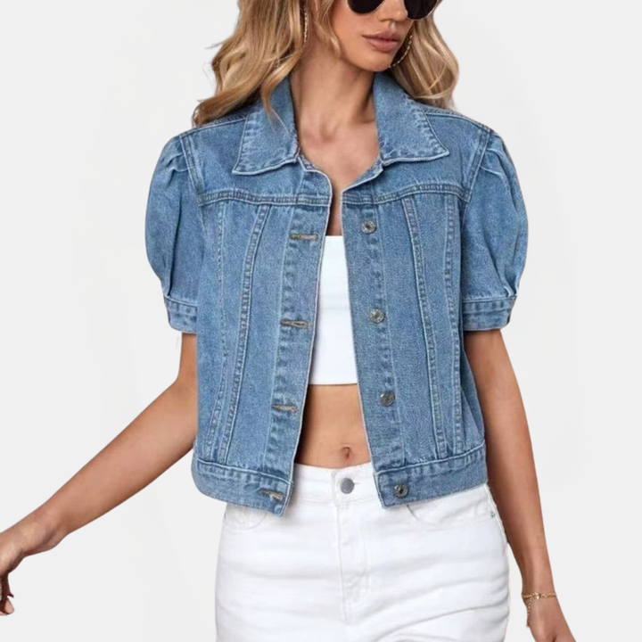 Jessica | Puff Sleeve Cropped Denim Jacket Button Front