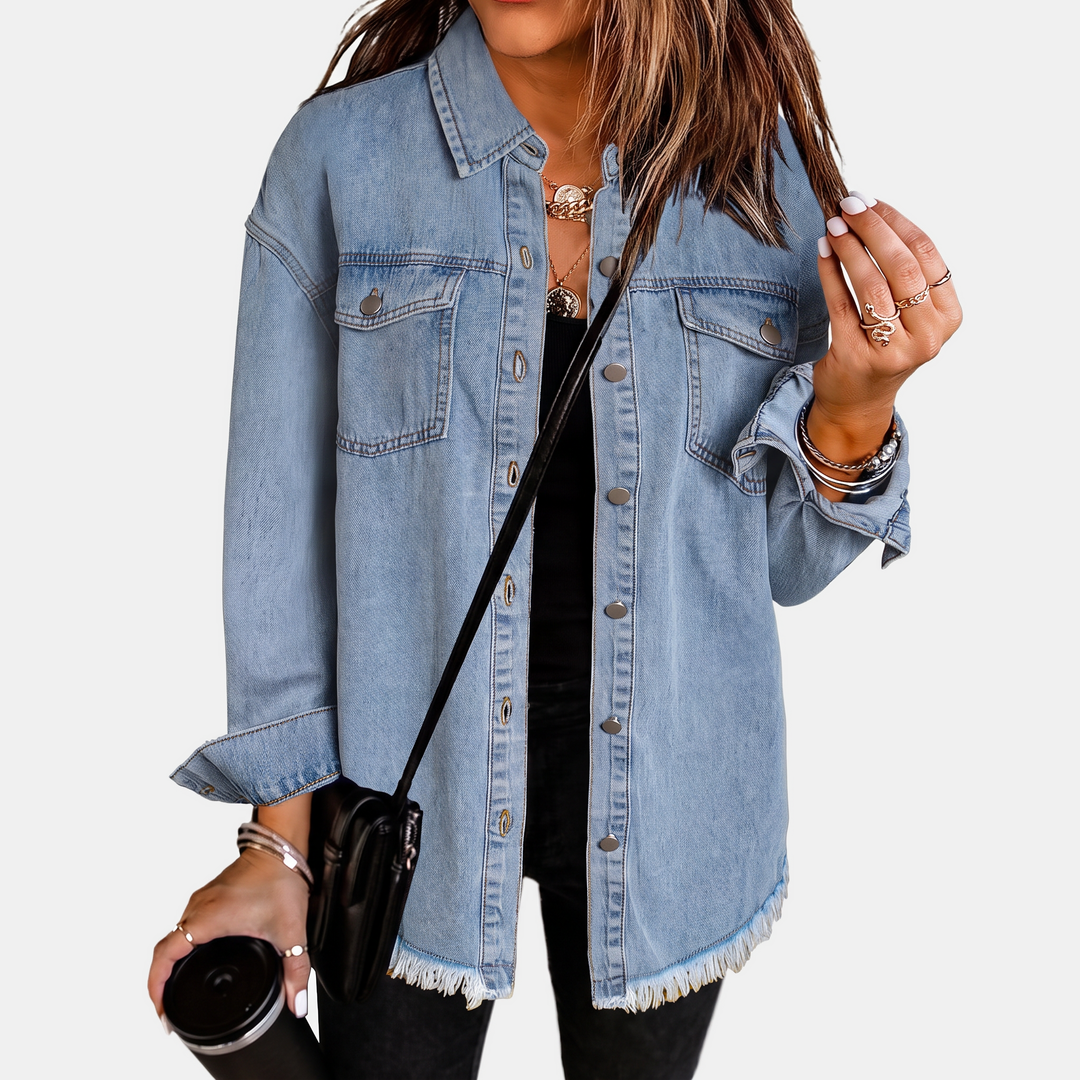 Hailey™ – Raw Hem Snap Button Washed Denim Jacket