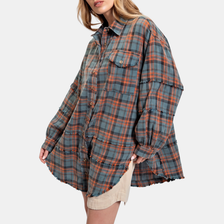 Lucy™ – Raw Hem Flannel Shirt Oversized Long Sleeve Blouse