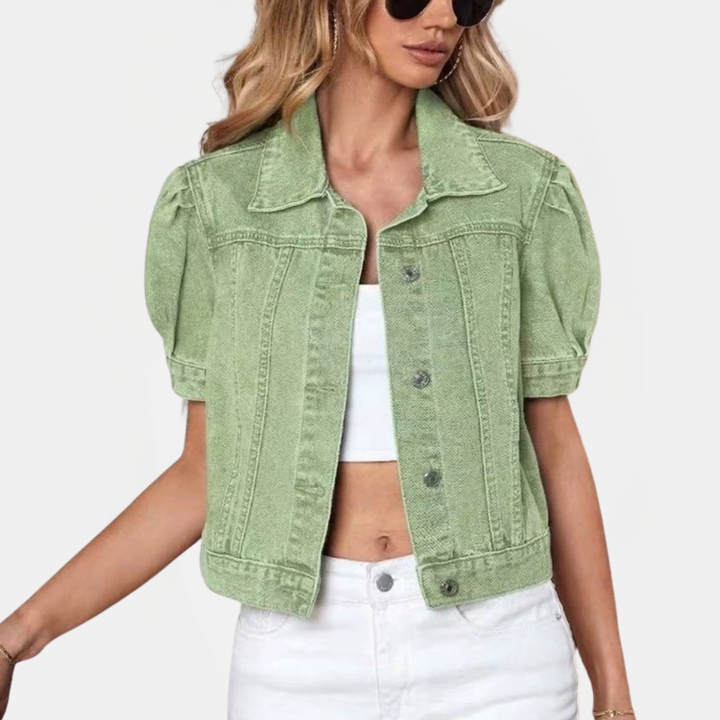 Jessica | Puff Sleeve Cropped Denim Jacket Button Front