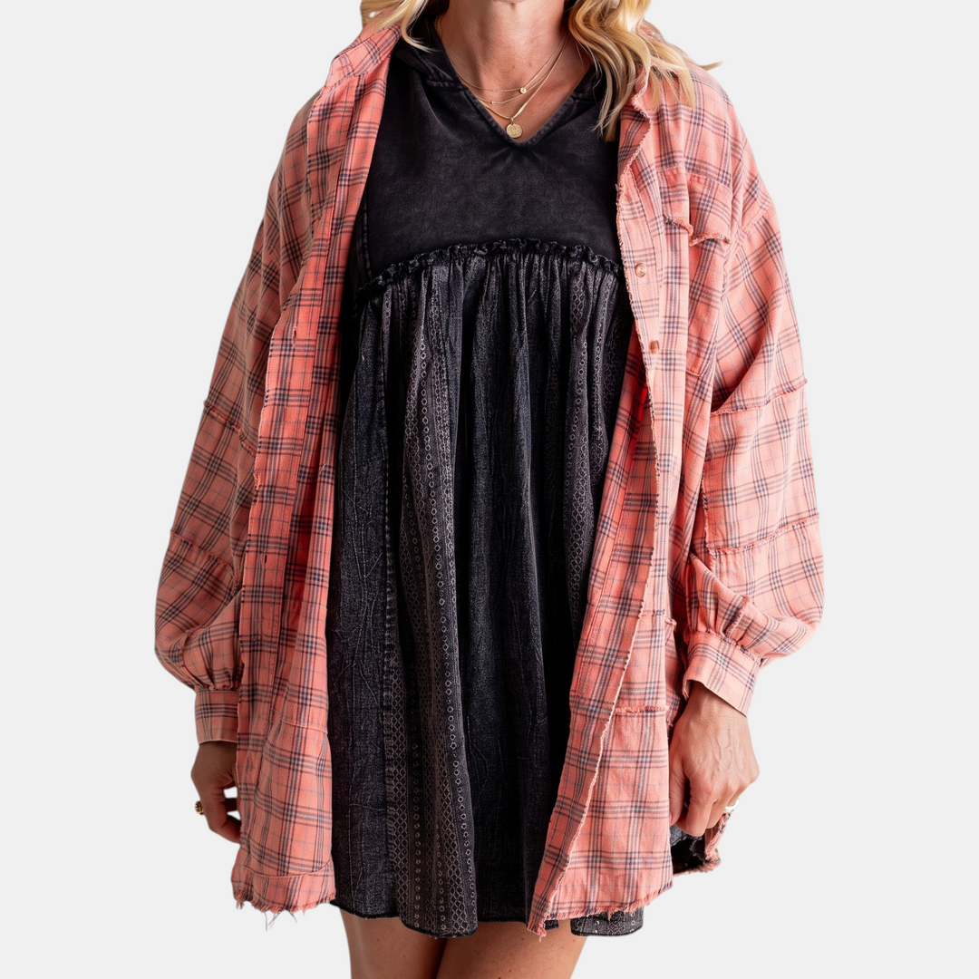 Lucy™ – Raw Hem Flannel Shirt Oversized Long Sleeve Blouse