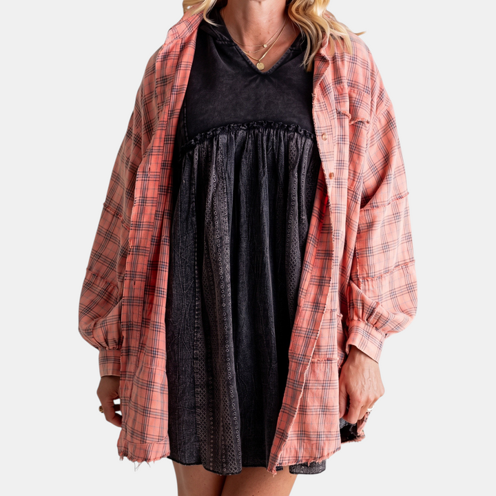 Lucy™ – Raw Hem Flannel Shirt Oversized Long Sleeve Blouse