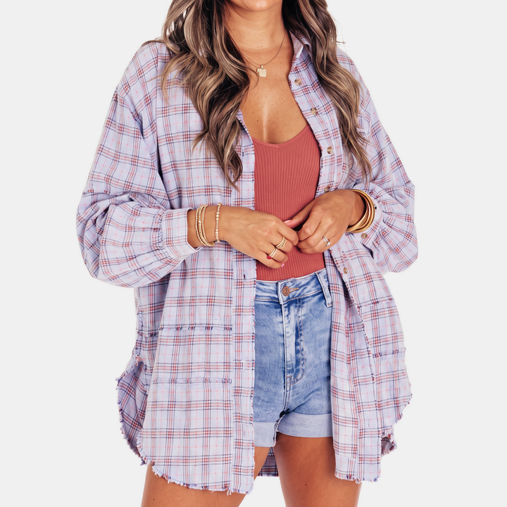 Lucy™ – Raw Hem Flannel Shirt Oversized Long Sleeve Blouse