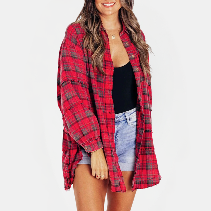 Lucy™ – Raw Hem Flannel Shirt Oversized Long Sleeve Blouse