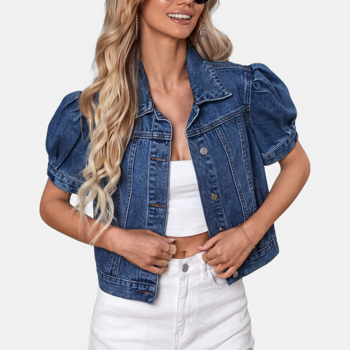 Jessica | Puff Sleeve Cropped Denim Jacket Button Front