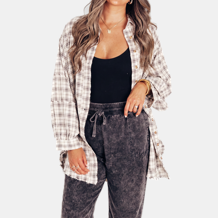 Lucy™ – Raw Hem Flannel Shirt Oversized Long Sleeve Blouse