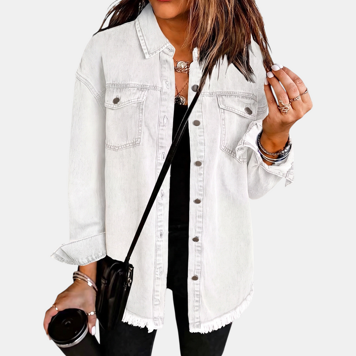 Hailey™ – Raw Hem Snap Button Washed Denim Jacket