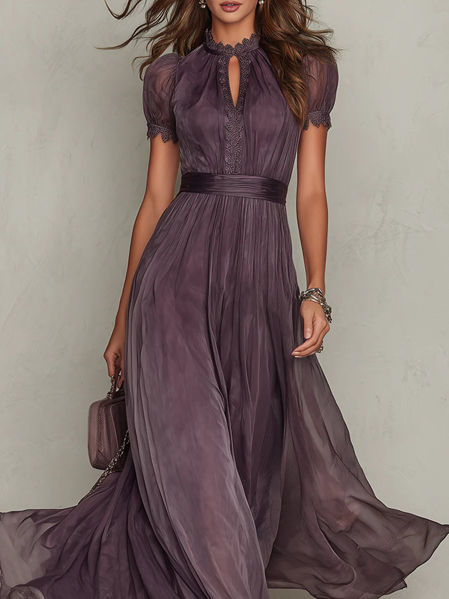 Avery | Purple Keyhole Neckline Chiffon Lace Trim Maxi Dress