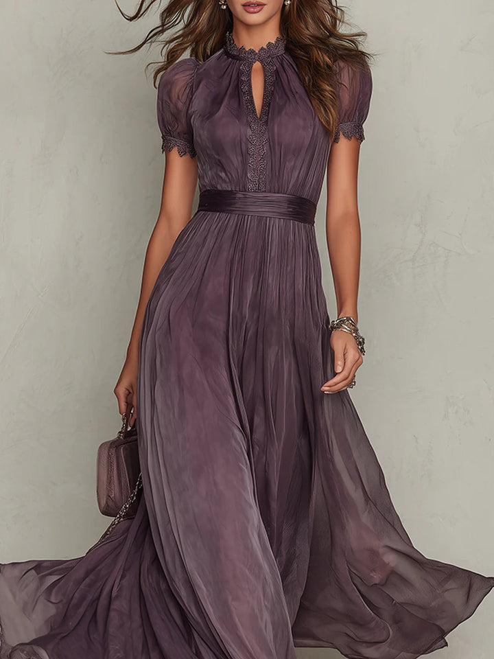 Avery | Purple Keyhole Neckline Chiffon Lace Trim Maxi Dress
