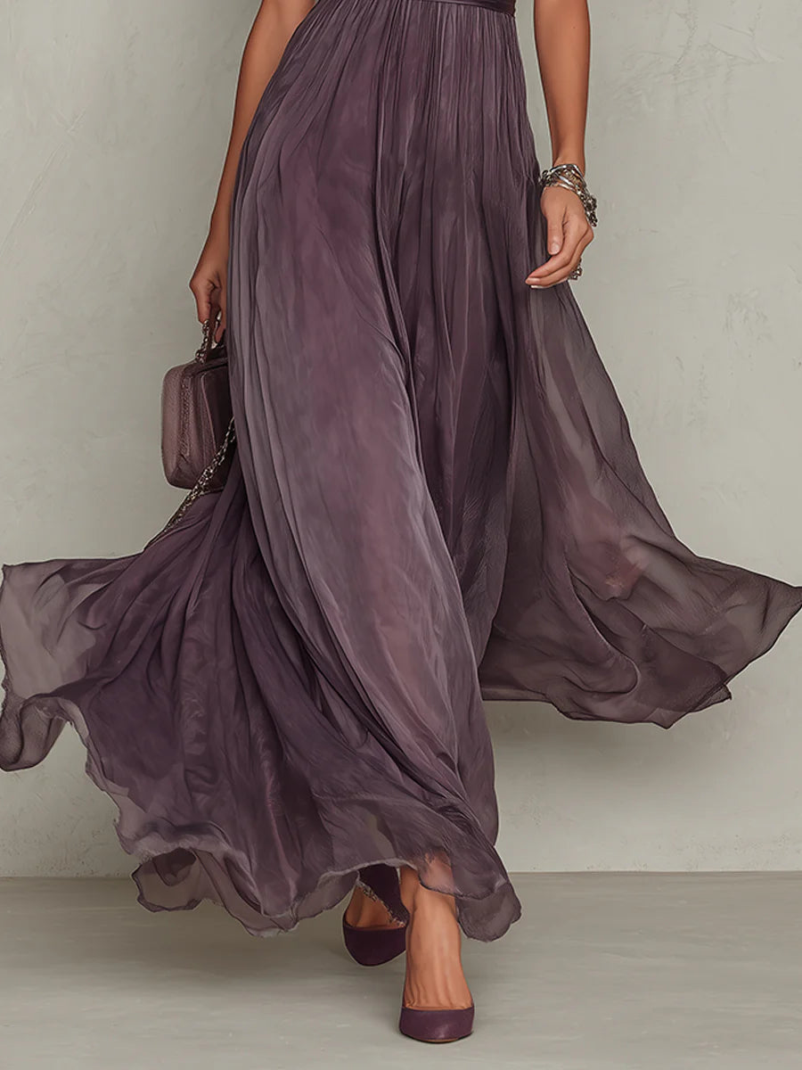 Avery | Purple Keyhole Neckline Chiffon Lace Trim Maxi Dress