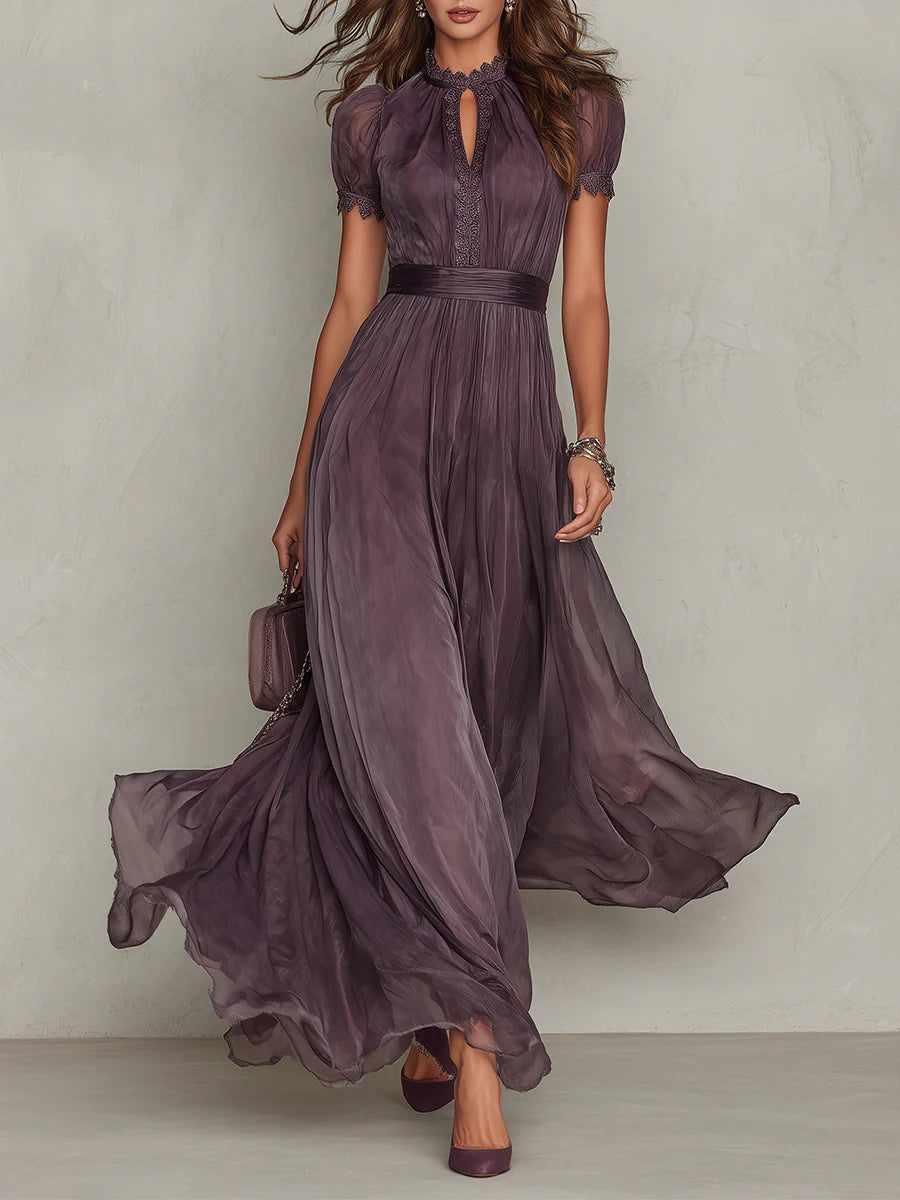 Avery | Purple Keyhole Neckline Chiffon Lace Trim Maxi Dress