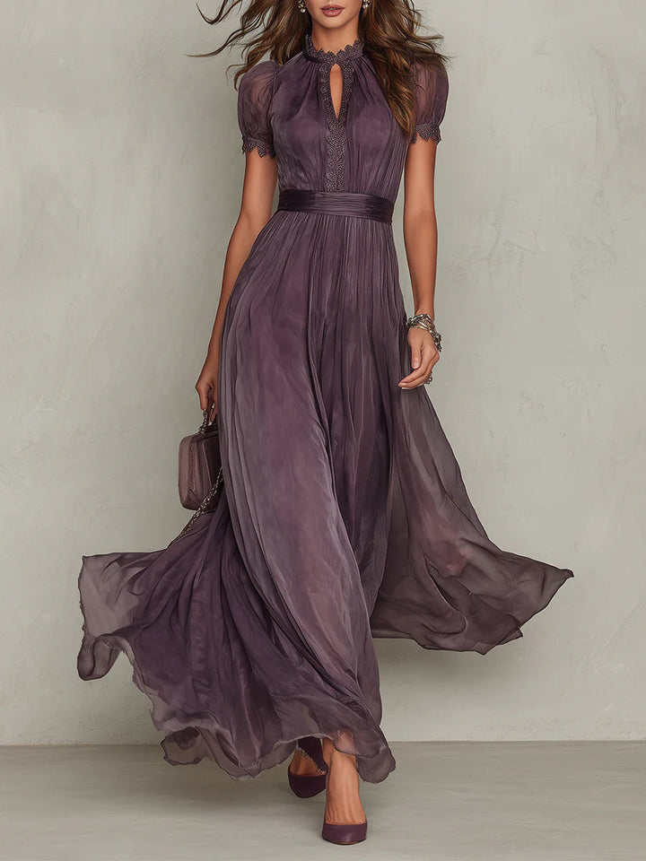 Avery | Purple Keyhole Neckline Chiffon Lace Trim Maxi Dress