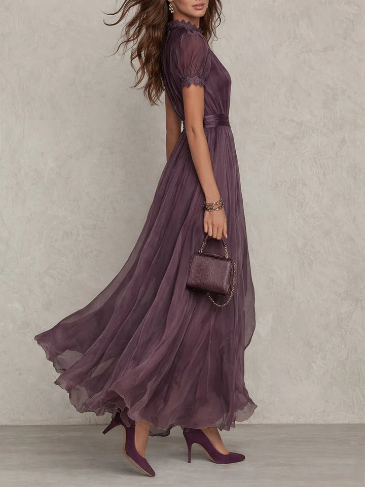 Avery | Purple Keyhole Neckline Chiffon Lace Trim Maxi Dress