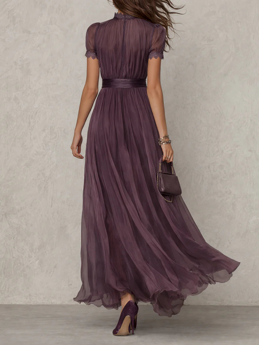 Avery | Purple Keyhole Neckline Chiffon Lace Trim Maxi Dress