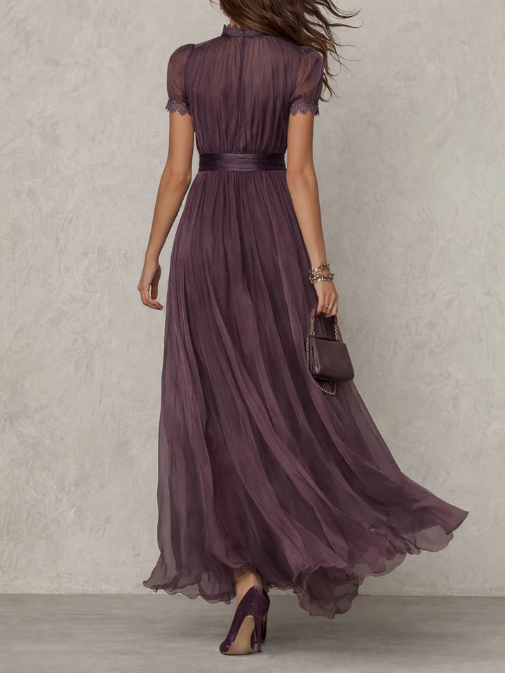 Avery | Purple Keyhole Neckline Chiffon Lace Trim Maxi Dress