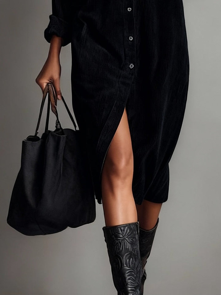 Jennifer | Midi Dress in Corduroy with Pockets and Single Button Closure
