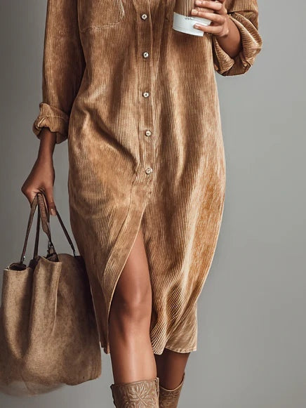 Jennifer | Midi Dress in Corduroy with Pockets and Single Button Closure