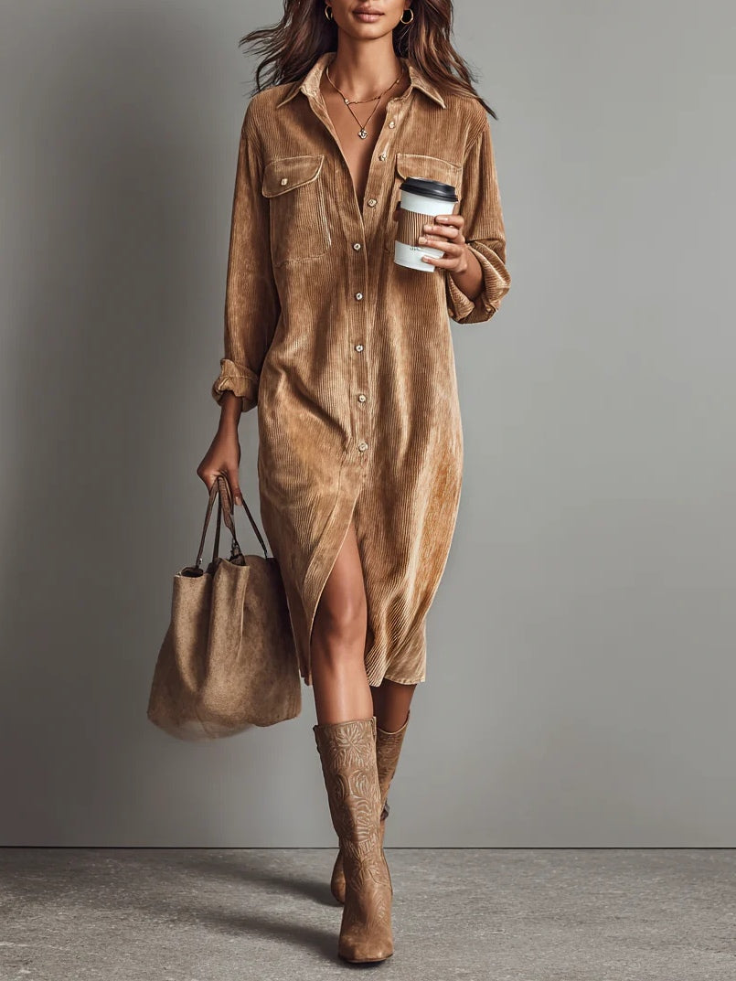 Jennifer | Midi Dress in Corduroy with Pockets and Single Button Closure