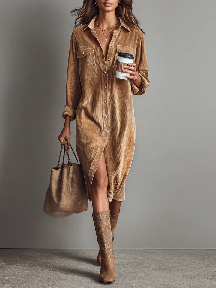Jennifer | Midi Dress in Corduroy with Pockets and Single Button Closure